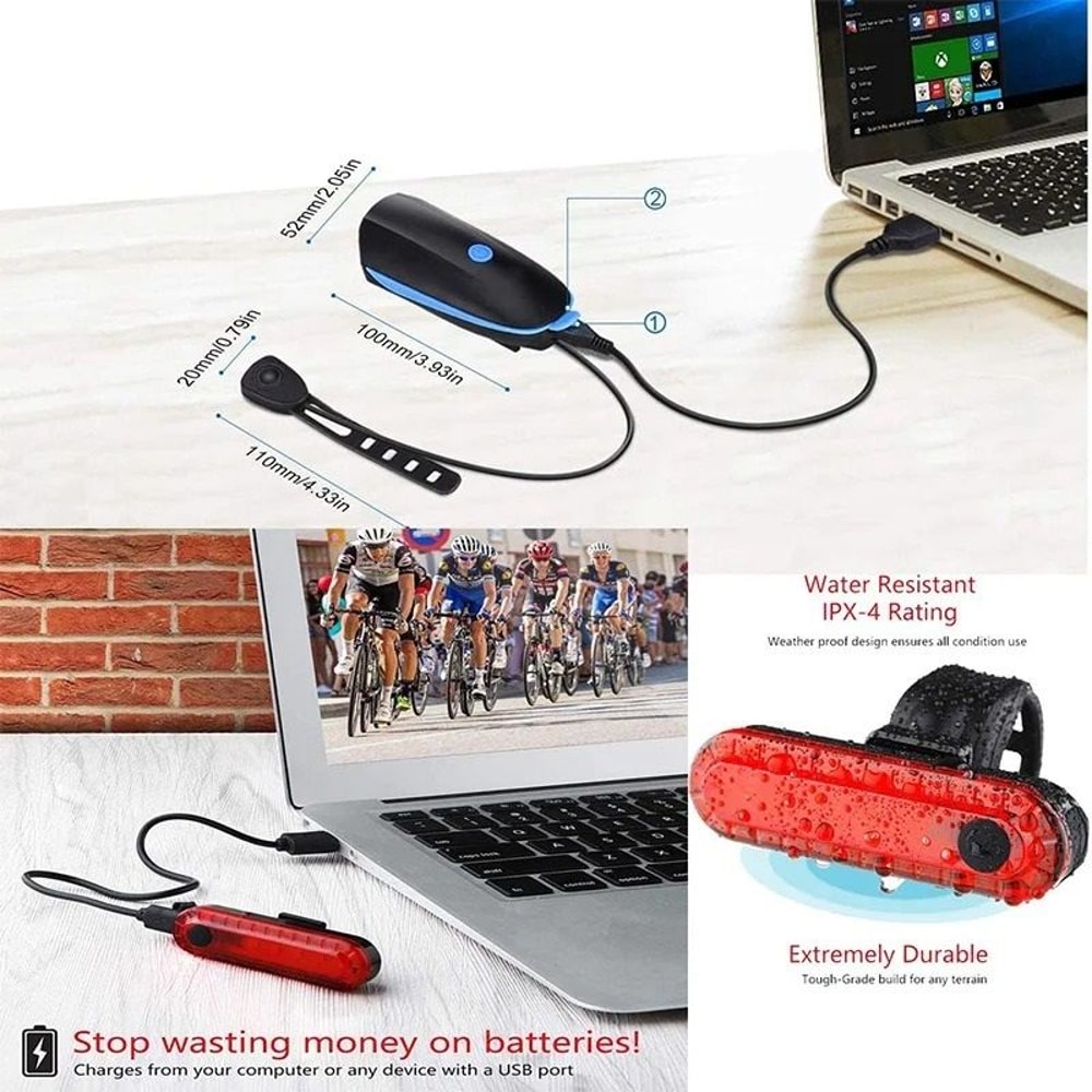 USB Rechargeable Bicycle Light Set Front And Rear With Horn 2