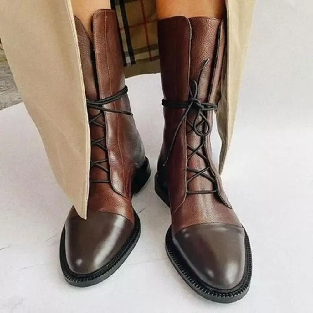 Round Toe Women Leather Lace Up Anti Slip Comfortable Booties 0