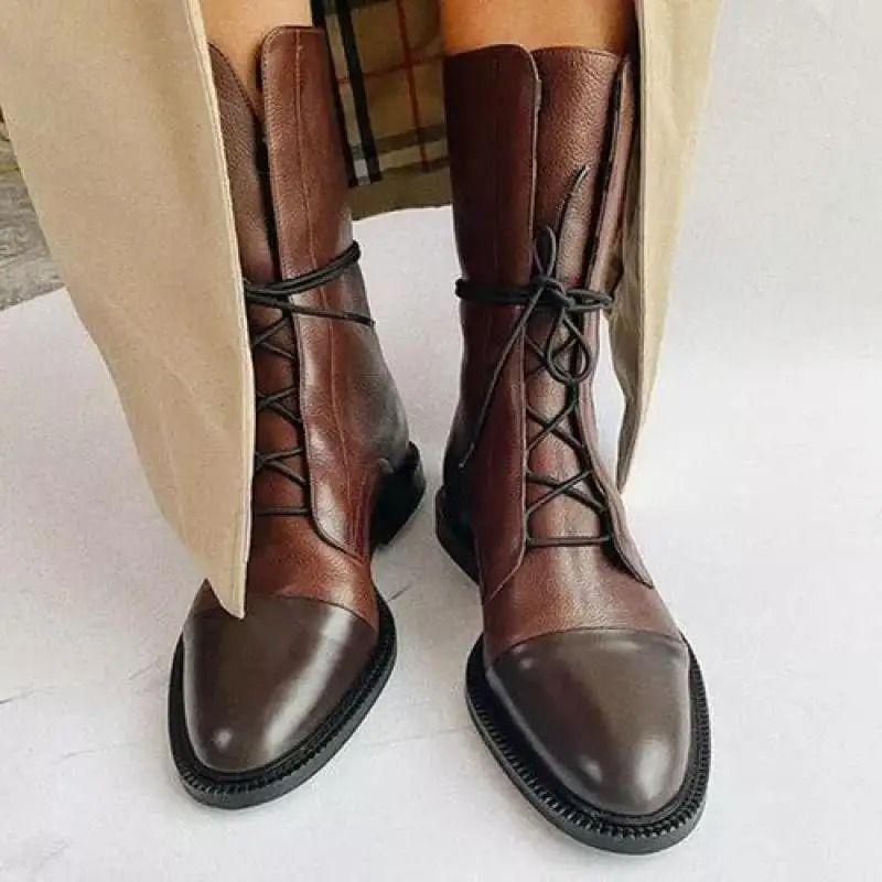 Round Toe Women Leather Lace Up Anti Slip Comfortable Booties 0
