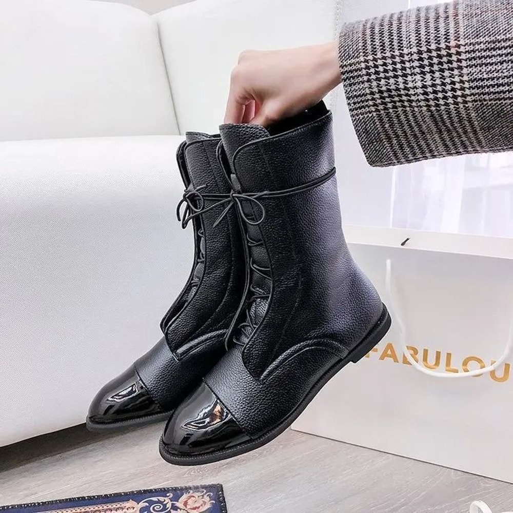 Round Toe Women Leather Lace Up Anti Slip Comfortable Booties 1