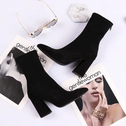black flock thick heel women winter ankle boots pointed toe shoes
