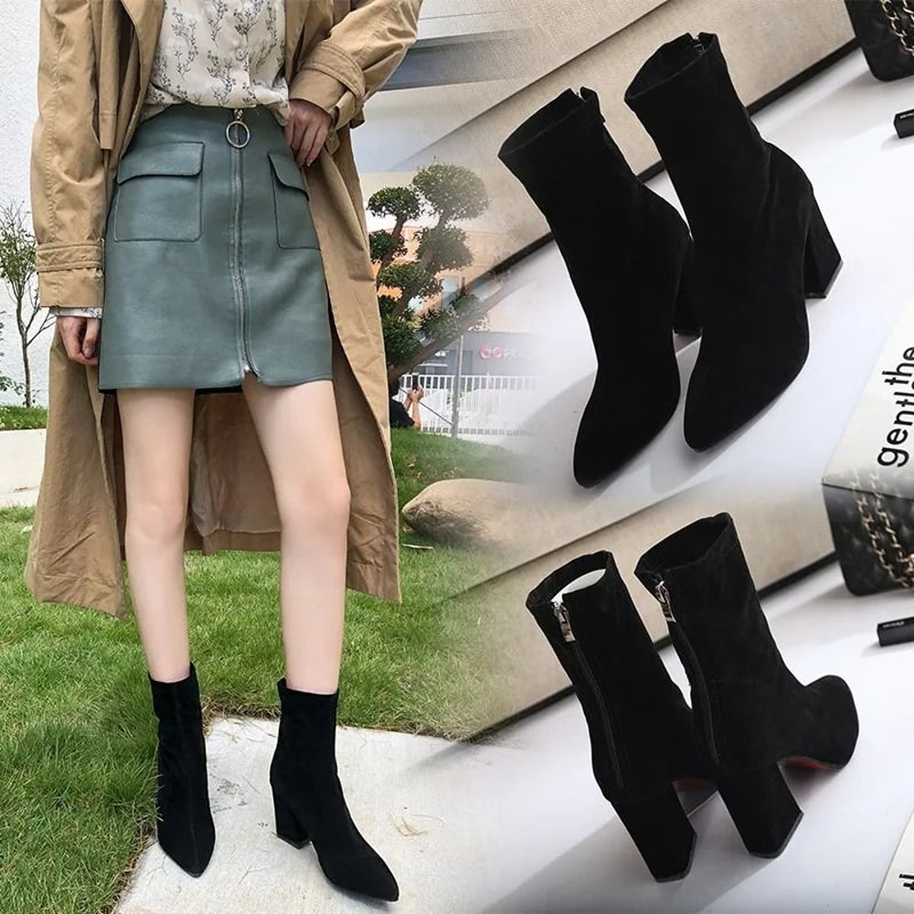 Black Flock Thick Heel Women Winter Ankle Boots Pointed Toe Shoes 1