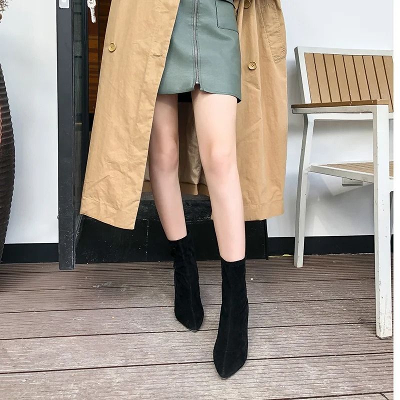 Black Flock Thick Heel Women Winter Ankle Boots Pointed Toe Shoes 3