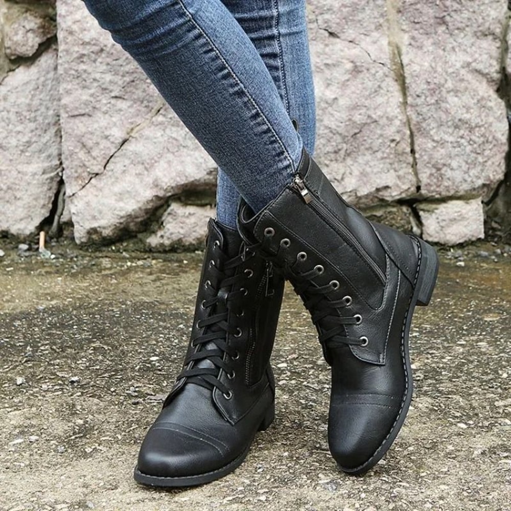 Women Retro Western Motorcycle Boots Zipper Mid Calf Plus Size Short Botas 1