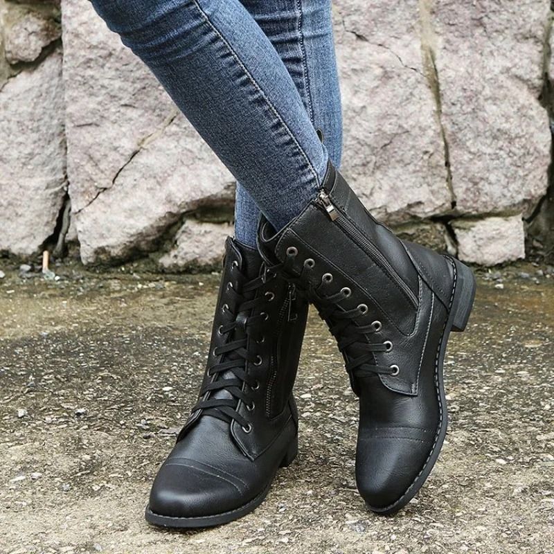Women Retro Western Motorcycle Boots Zipper Mid Calf Plus Size Short Botas 1