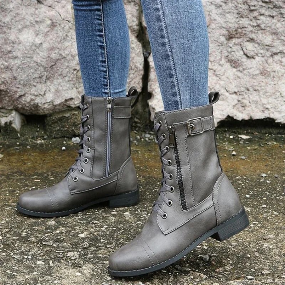 Women Retro Western Motorcycle Boots Zipper Mid Calf Plus Size Short Botas 2