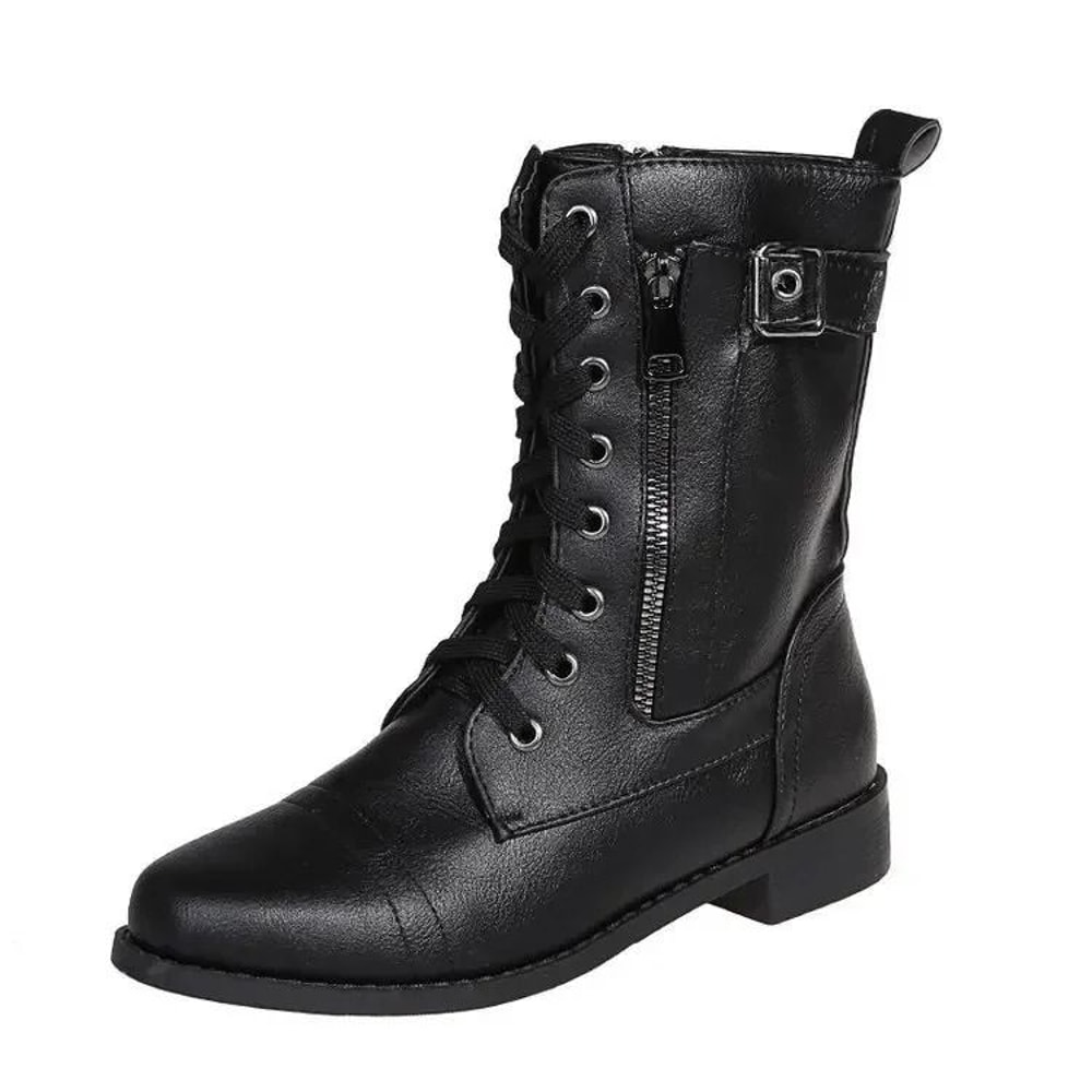 Women Retro Western Motorcycle Boots Zipper Mid Calf Plus Size Short Botas 3