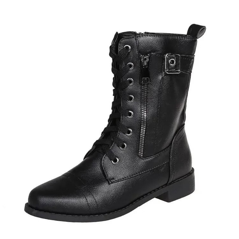 Women Retro Western Motorcycle Boots Zipper Mid Calf Plus Size Short Botas 3