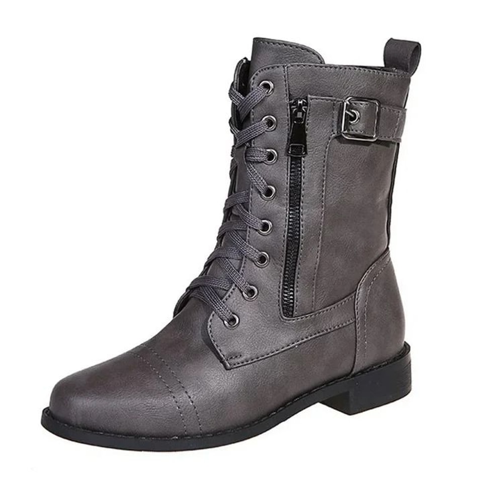 Women Retro Western Motorcycle Boots Zipper Mid Calf Plus Size Short Botas 4