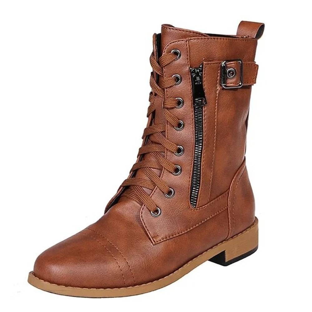 Women Retro Western Motorcycle Boots Zipper Mid Calf Plus Size Short Botas 5