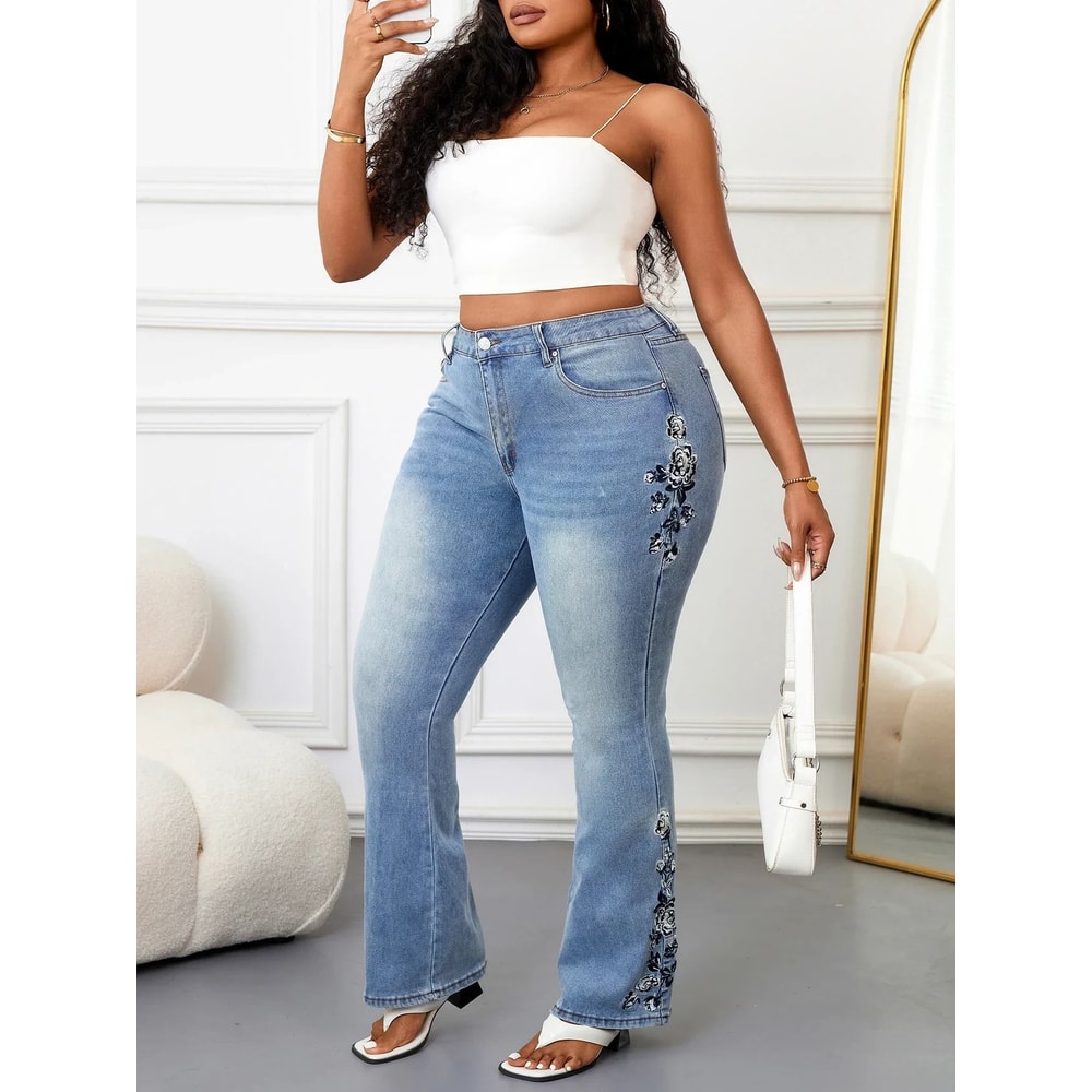 Plus Size Women Bootcut Denim Jeans High Rise Tummy Control Pants 1