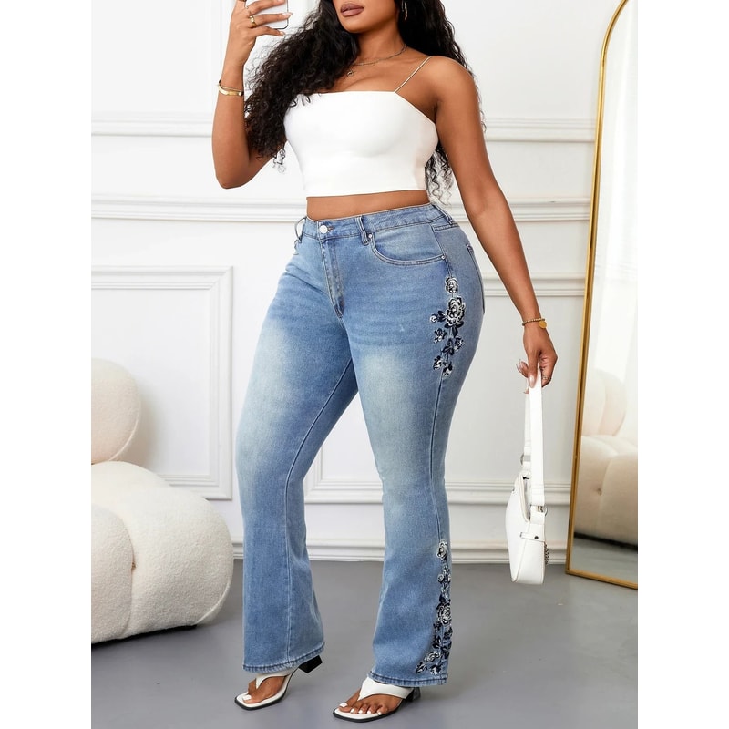 Plus Size Women Bootcut Denim Jeans High Rise Tummy Control Pants 1