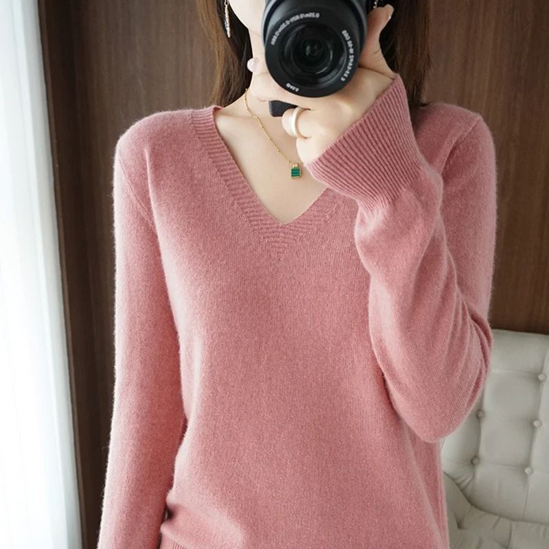 Elegant V Neck Cashmere Pullover With Lace Detail Hollow Out Knit Winter Sweater For Women 0