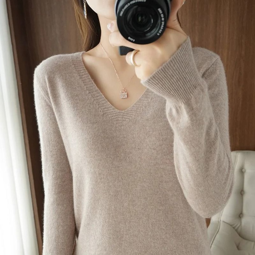 Elegant V Neck Cashmere Pullover With Lace Detail Hollow Out Knit Winter Sweater For Women 1