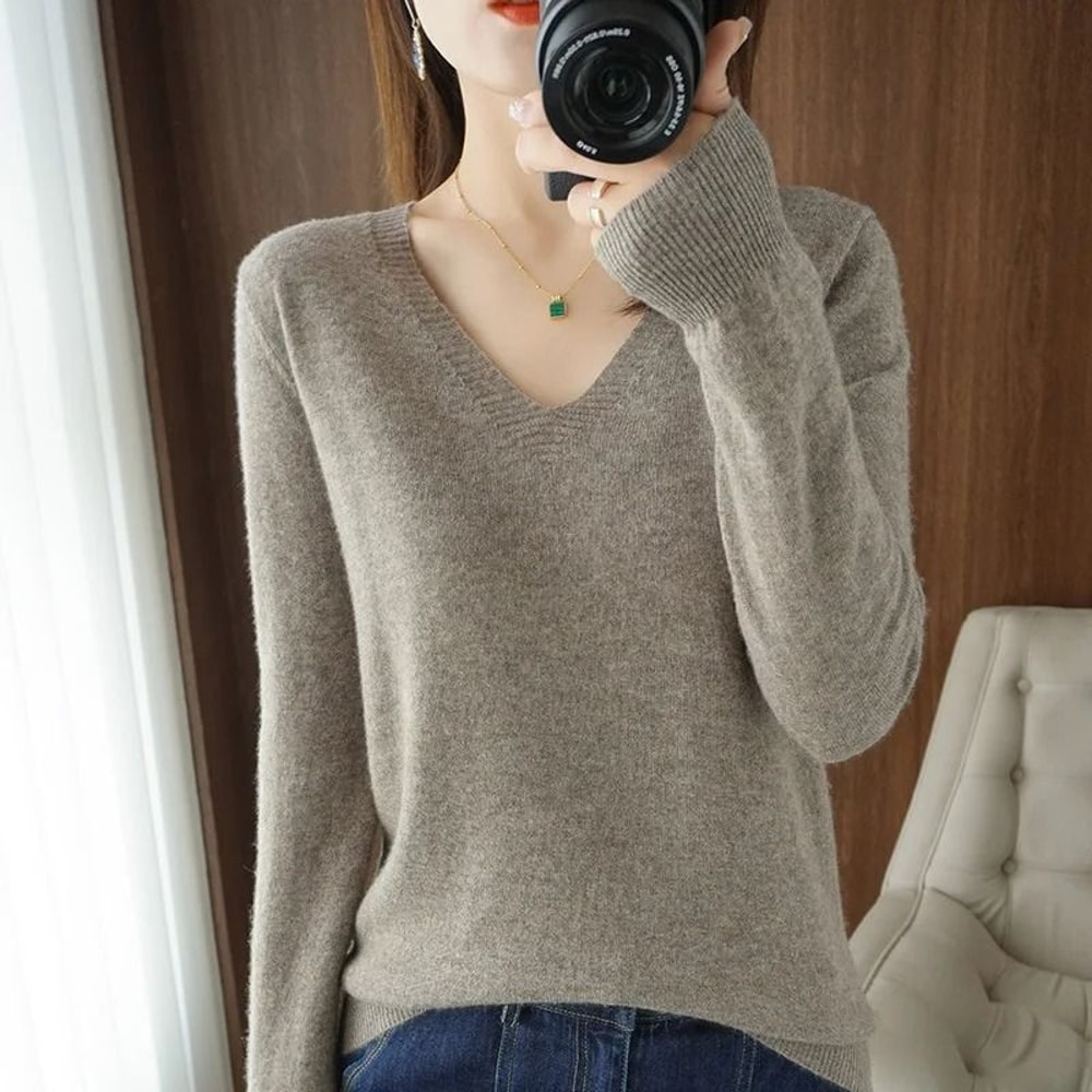 Elegant V Neck Cashmere Pullover With Lace Detail Hollow Out Knit Winter Sweater For Women 13