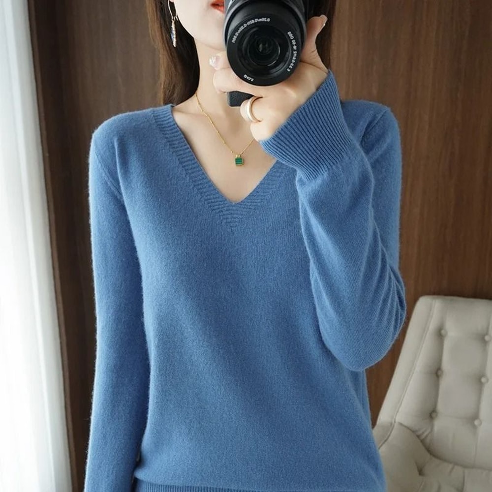 Elegant V Neck Cashmere Pullover With Lace Detail Hollow Out Knit Winter Sweater For Women 14
