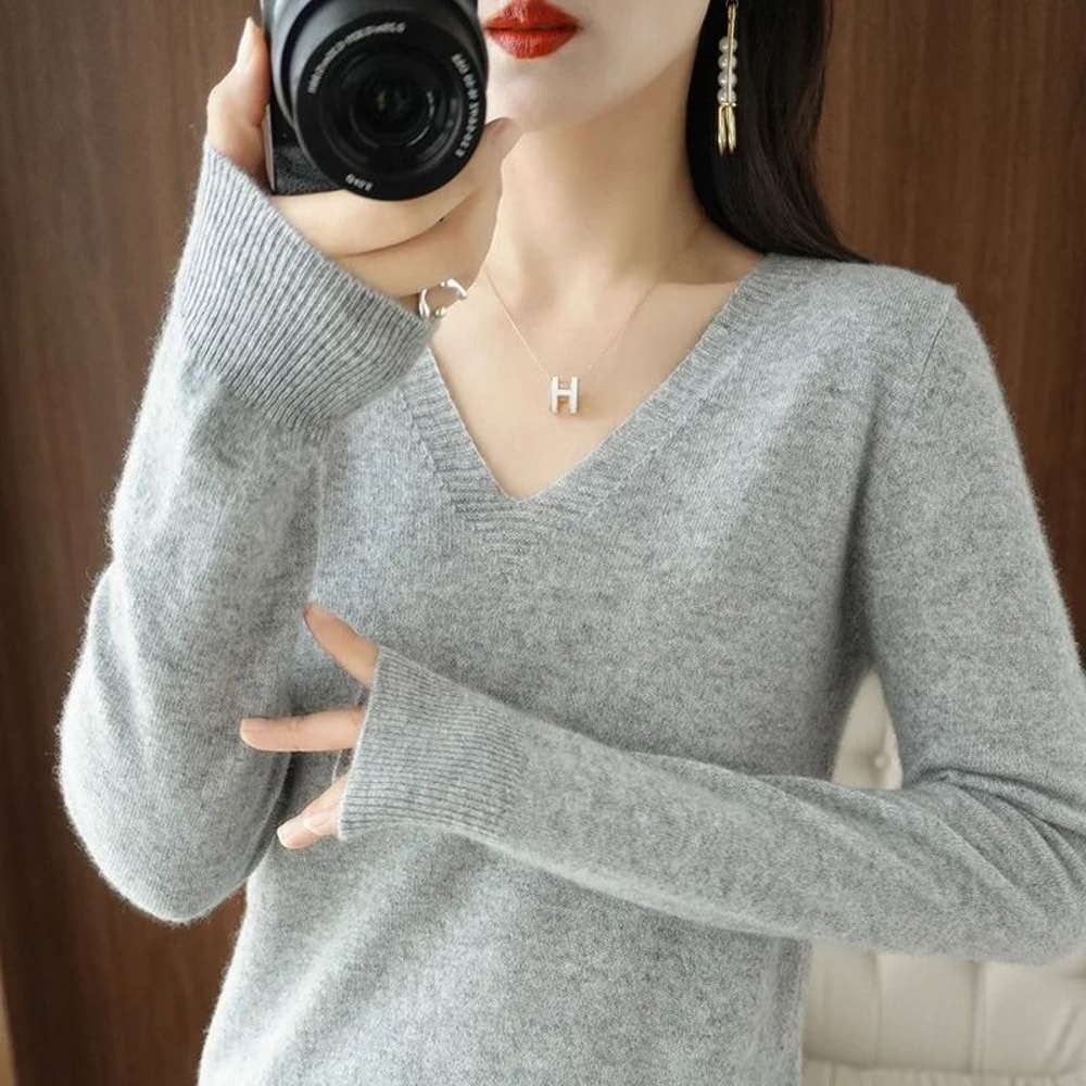 Elegant V Neck Cashmere Pullover With Lace Detail Hollow Out Knit Winter Sweater For Women 15