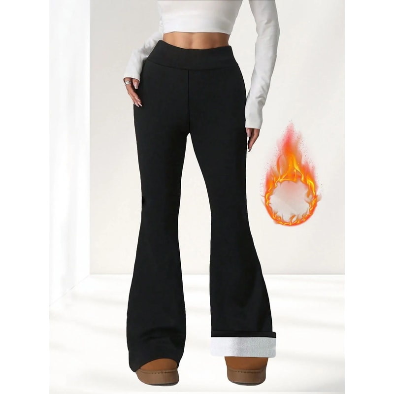 Thermal Wool Lined High Waist Bell Bottom Pants Thick Winter Plush Flare Leggings 1