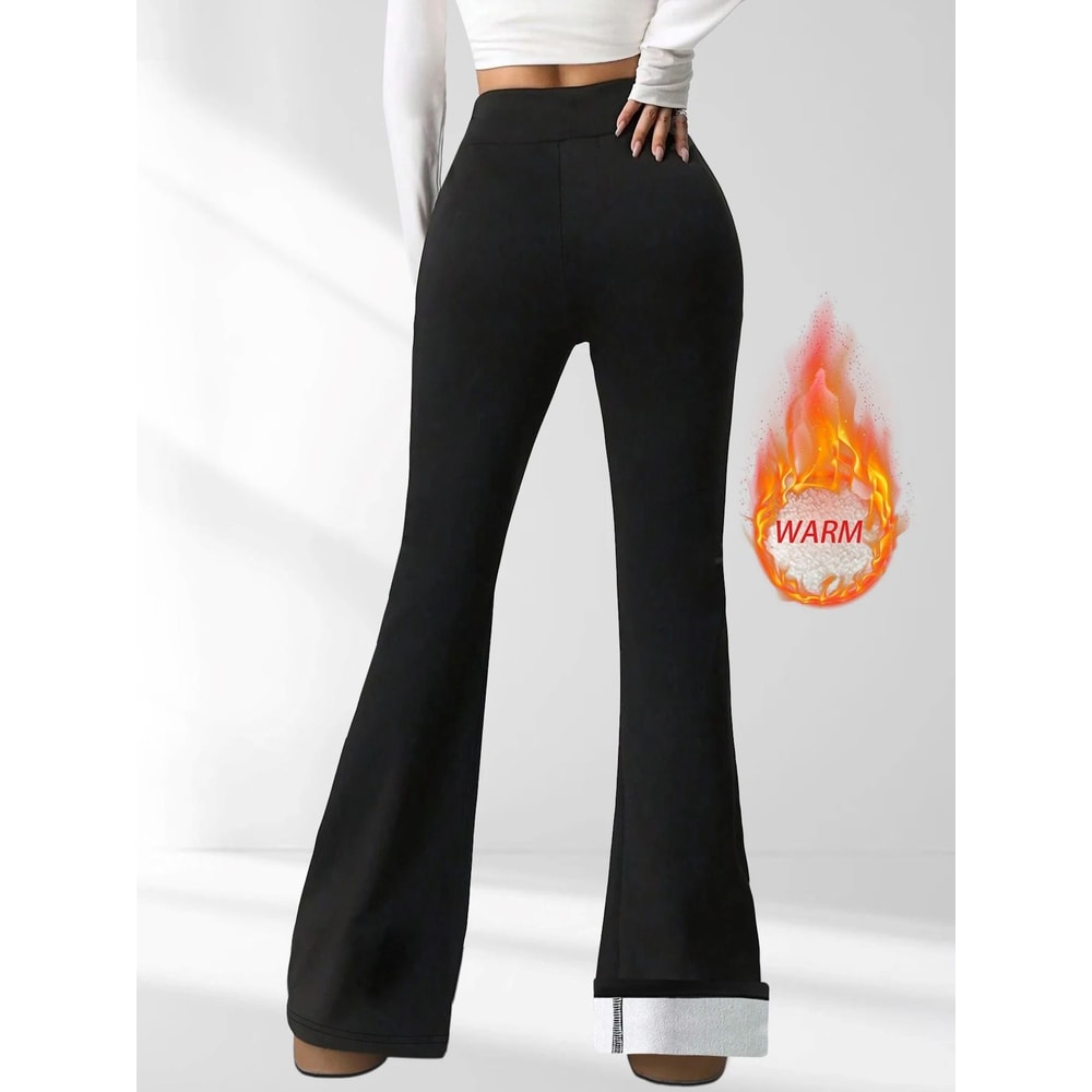 Thermal Wool Lined High Waist Bell Bottom Pants Thick Winter Plush Flare Leggings 2
