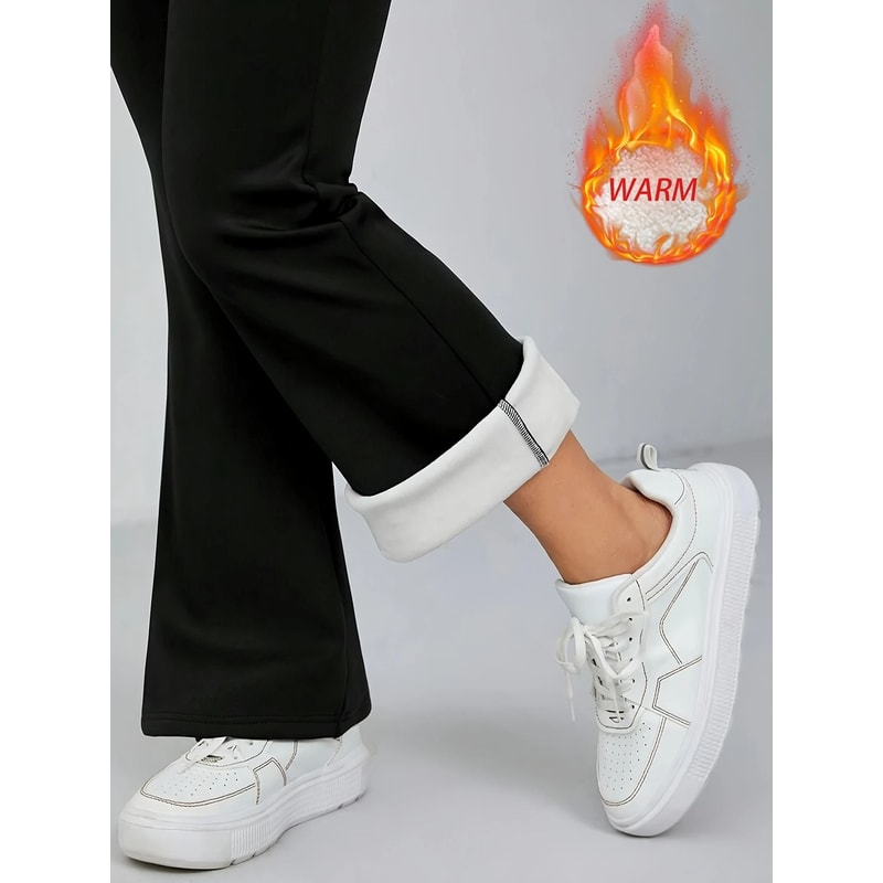 Thermal Wool Lined High Waist Bell Bottom Pants Thick Winter Plush Flare Leggings 4