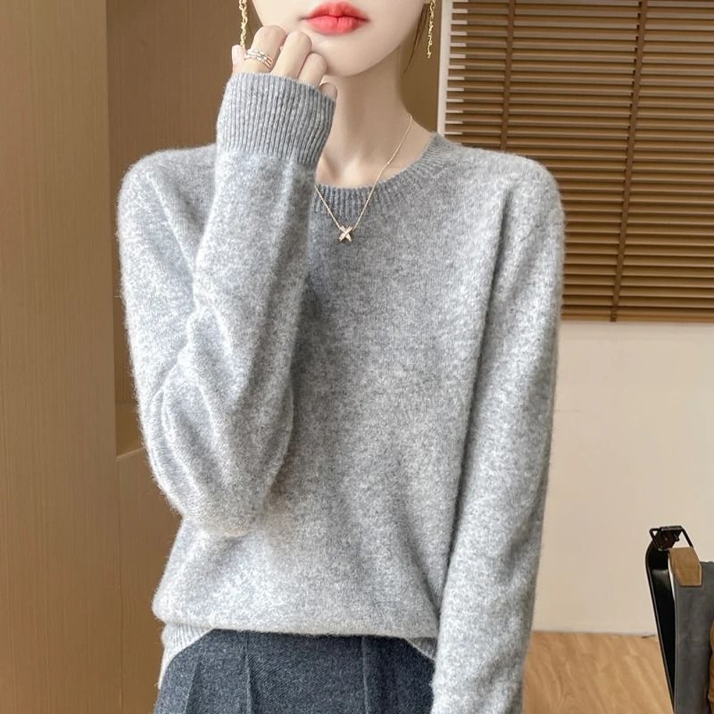 Pure Merino Wool O Neck Pullover Elegant Cashmere Feel Winter Sweater For Women 13