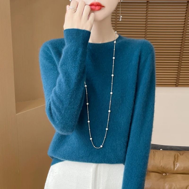 Pure Merino Wool O Neck Pullover Elegant Cashmere Feel Winter Sweater For Women 14