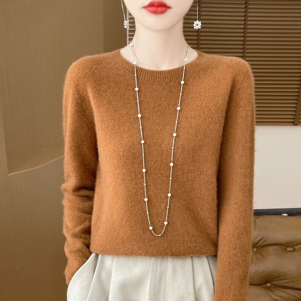 Pure Merino Wool O Neck Pullover Elegant Cashmere Feel Winter Sweater For Women 2