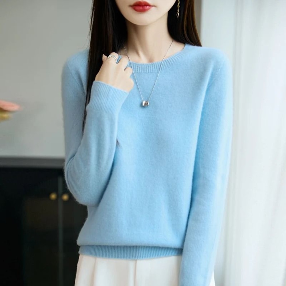 Pure Merino Wool O Neck Pullover Elegant Cashmere Feel Winter Sweater For Women 3