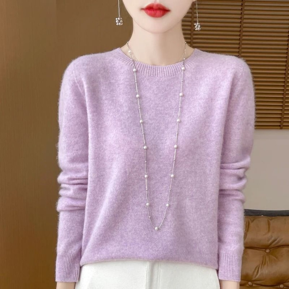 Pure Merino Wool O Neck Pullover Elegant Cashmere Feel Winter Sweater For Women 4
