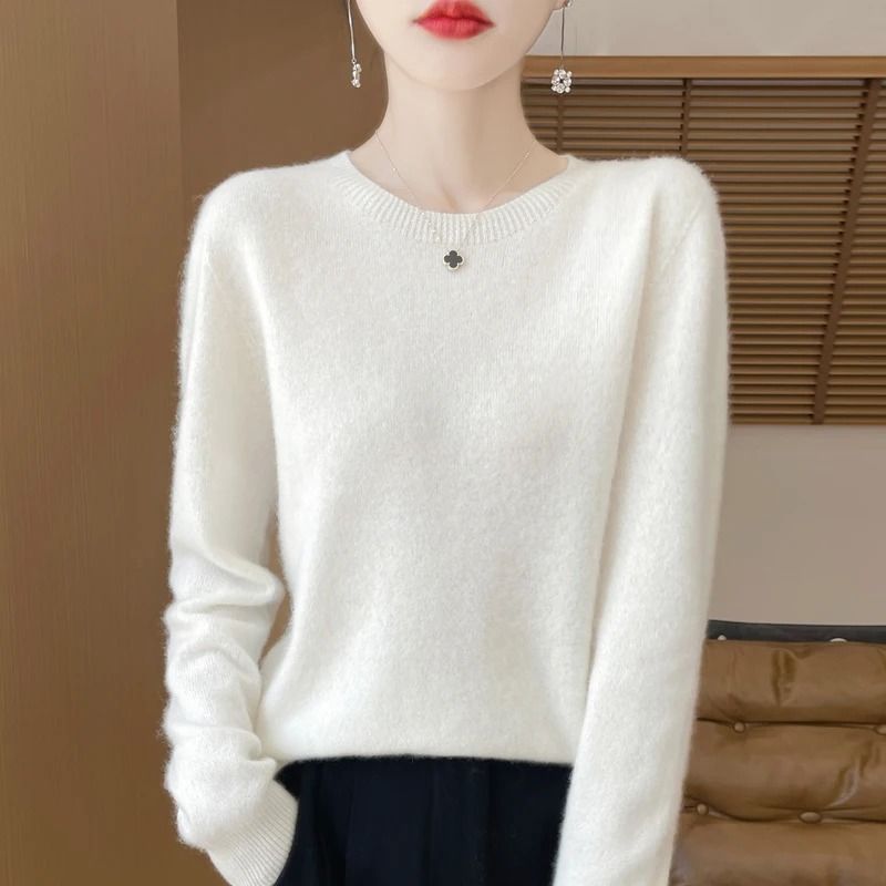 Pure Merino Wool O Neck Pullover Elegant Cashmere Feel Winter Sweater For Women 5