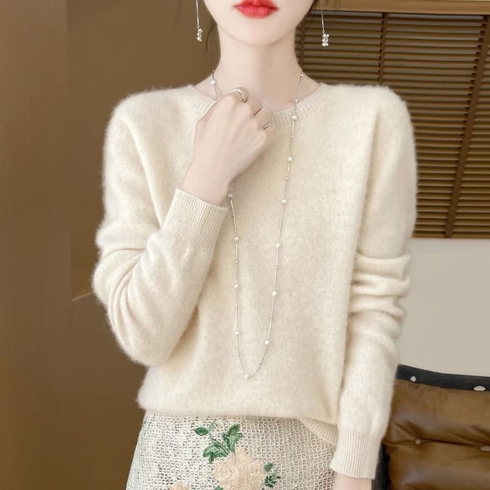 Pure Merino Wool O Neck Pullover Elegant Cashmere Feel Winter Sweater For Women 6