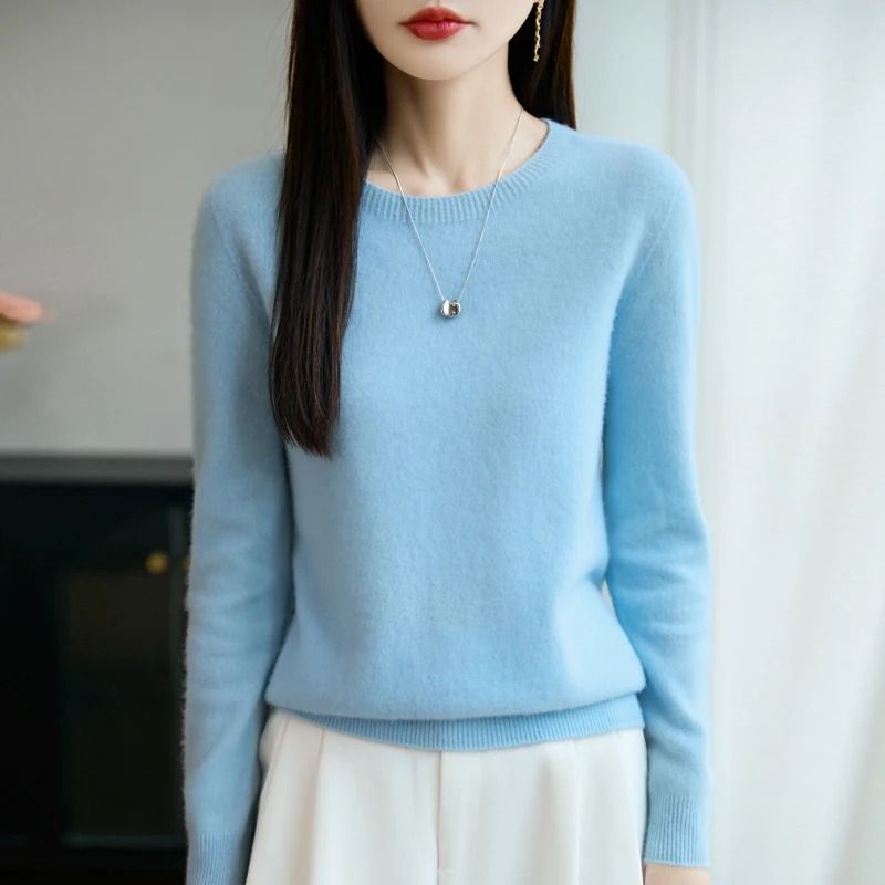 Pure Merino Wool O Neck Pullover Elegant Cashmere Feel Winter Sweater For Women 7