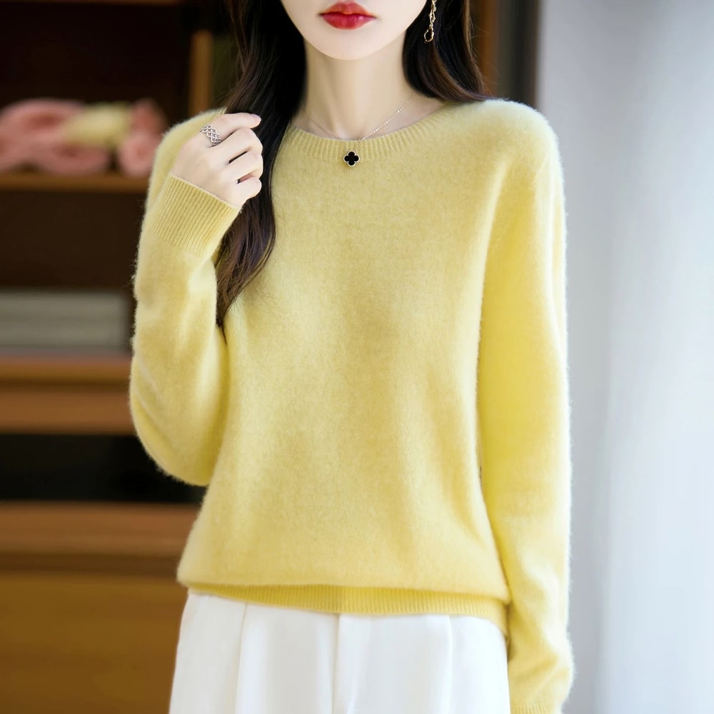 Pure Merino Wool O Neck Pullover Elegant Cashmere Feel Winter Sweater For Women 20