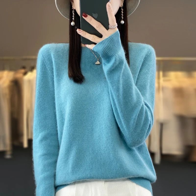 Pure Merino Wool O Neck Pullover Elegant Cashmere Feel Winter Sweater For Women 22