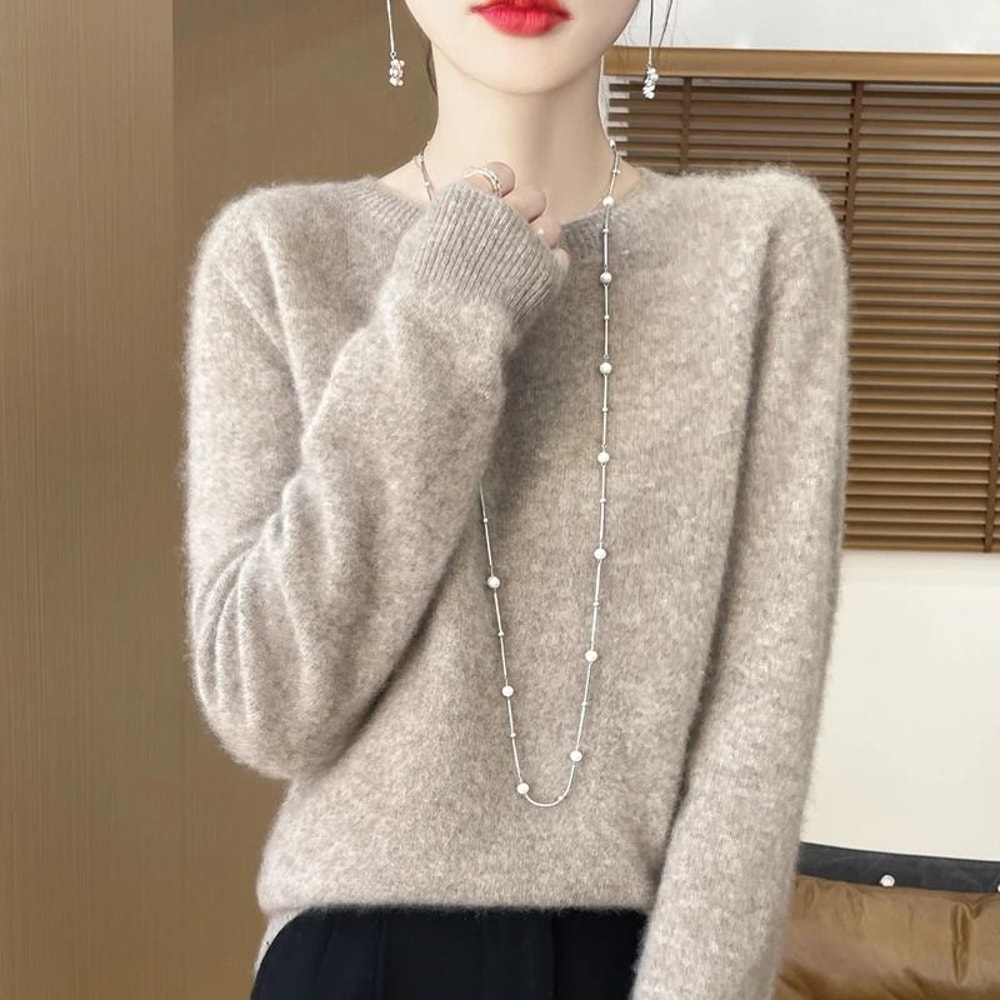 Pure Merino Wool O Neck Pullover Elegant Cashmere Feel Winter Sweater For Women 23