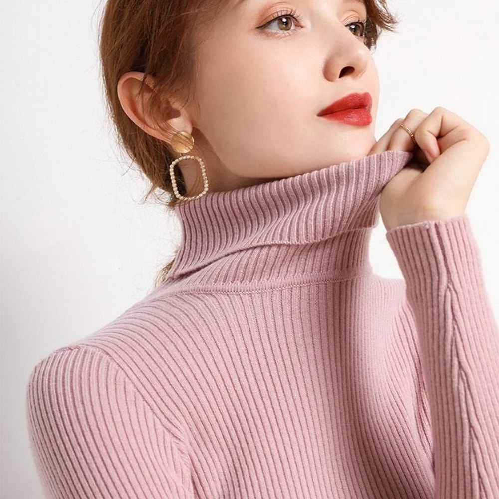 Elegant Ribbed Turtleneck Cashmere Soft Knit Pullover Basic Winter Jumper For Women 10