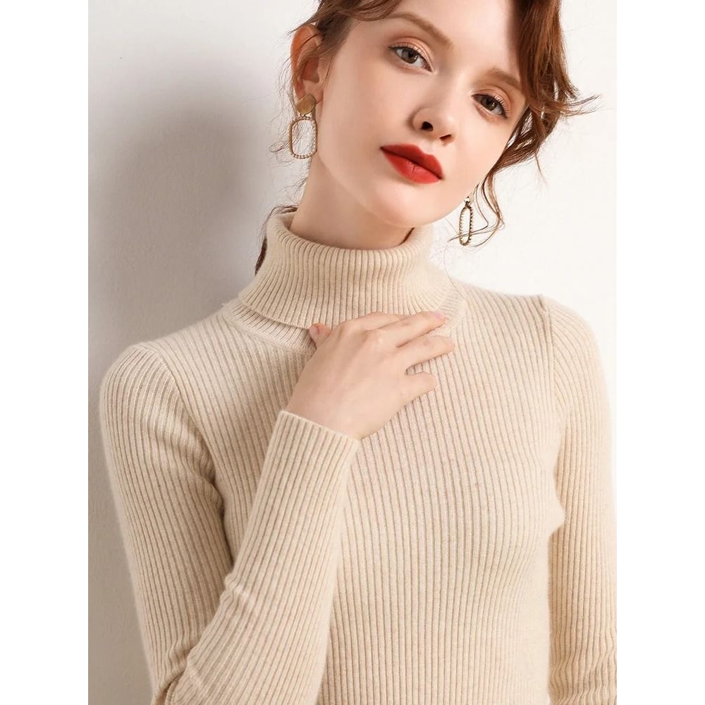 Elegant Ribbed Turtleneck Cashmere Soft Knit Pullover Basic Winter Jumper For Women 6