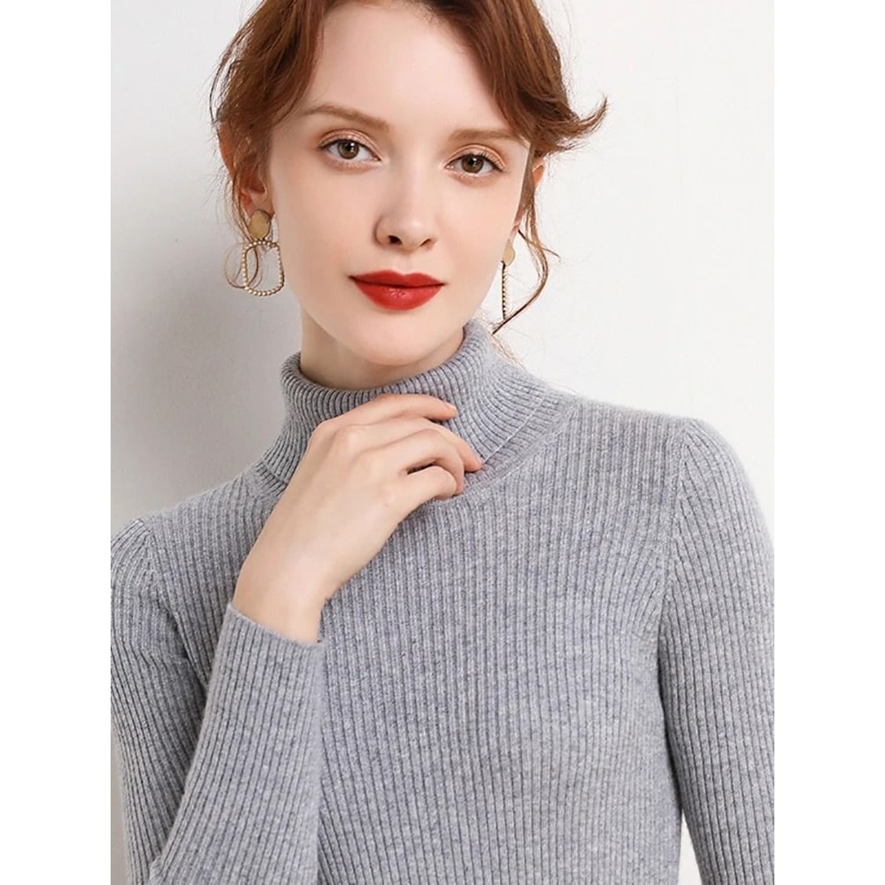 Elegant Ribbed Turtleneck Cashmere Soft Knit Pullover Basic Winter Jumper For Women 11