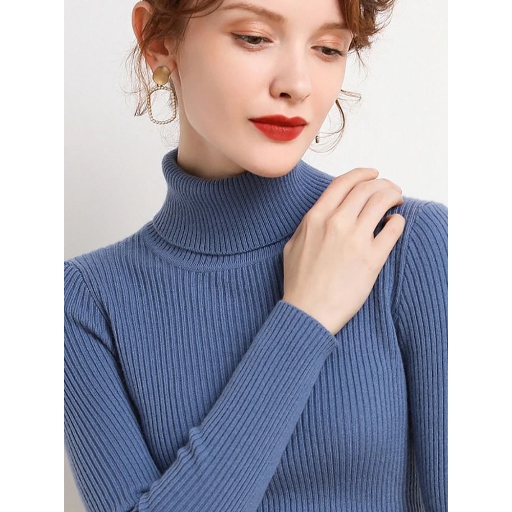 Elegant Ribbed Turtleneck Cashmere Soft Knit Pullover Basic Winter Jumper For Women 12