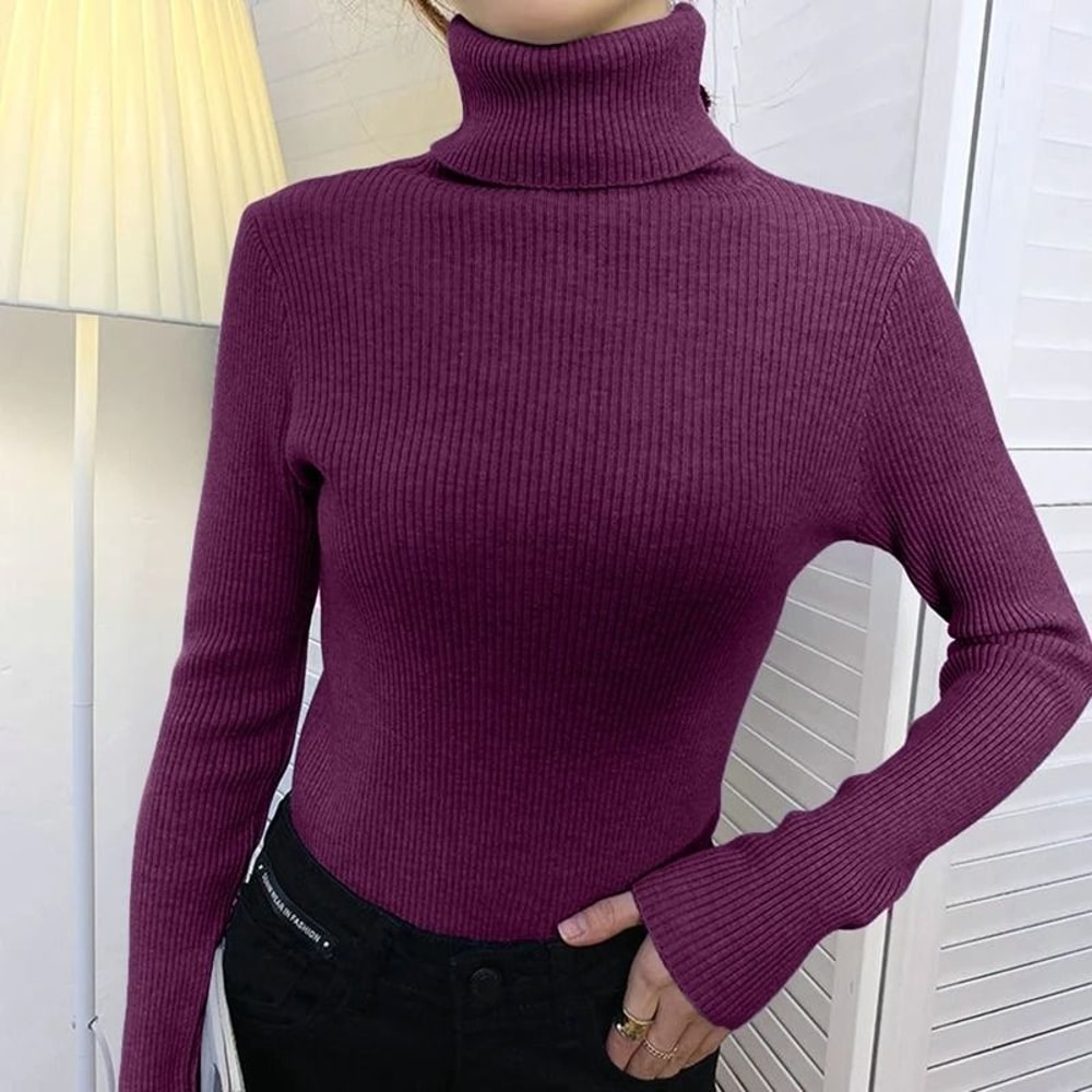 Elegant Ribbed Turtleneck Cashmere Soft Knit Pullover Basic Winter Jumper For Women 25