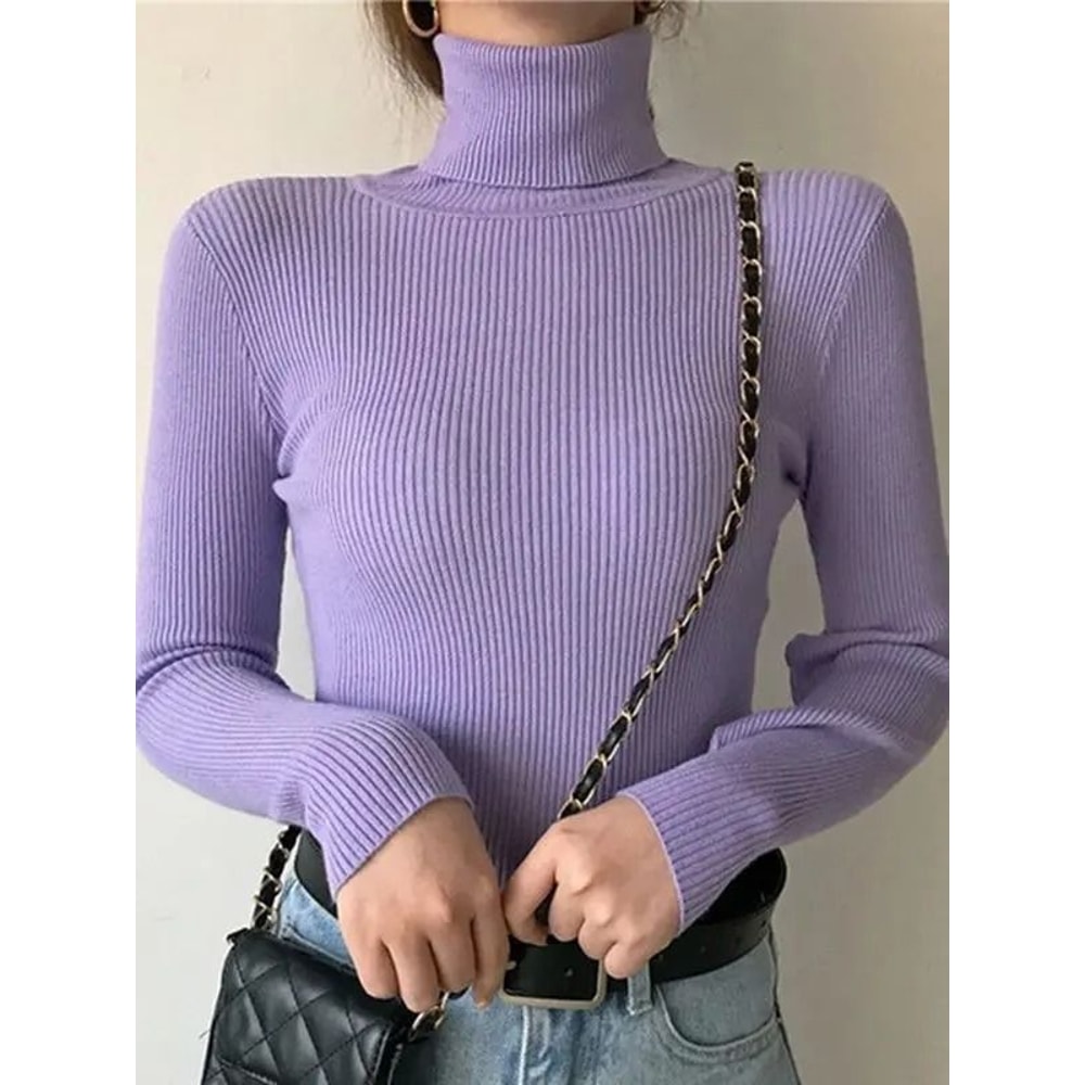 Elegant Ribbed Turtleneck Cashmere Soft Knit Pullover Basic Winter Jumper For Women 26