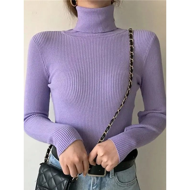 Elegant Ribbed Turtleneck Cashmere Soft Knit Pullover Basic Winter Jumper For Women 26
