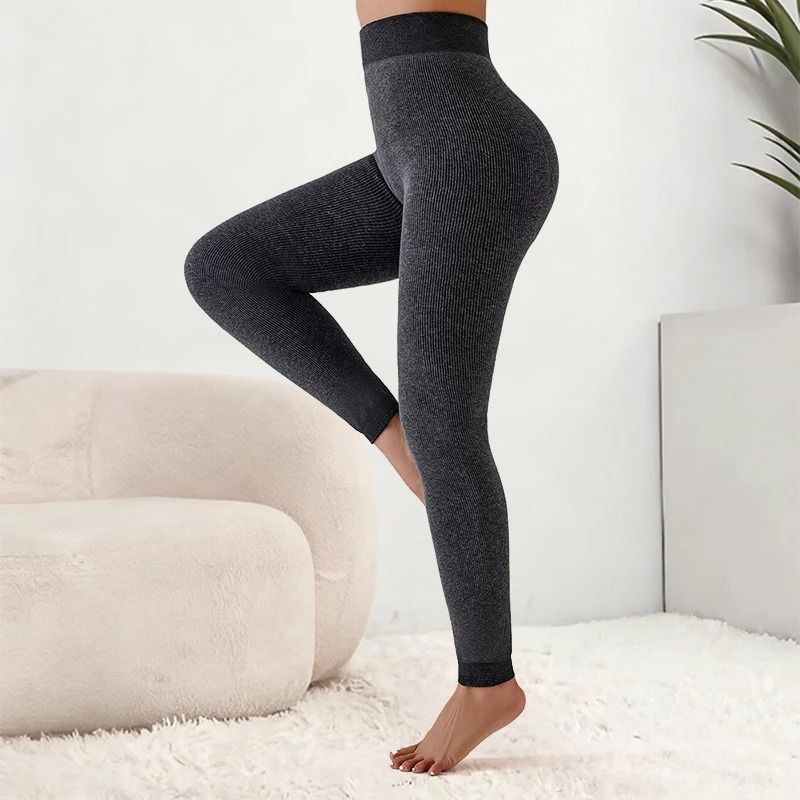 Women Ribbed Fleece Lined High Waist Thermal Leggings Slim Fit Pants 2