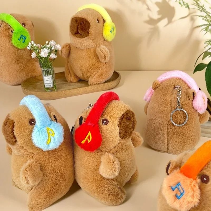 Cute Capybara With Headphones Plush Keychain Soft Stuffed Animal Doll Pendant Gift 0