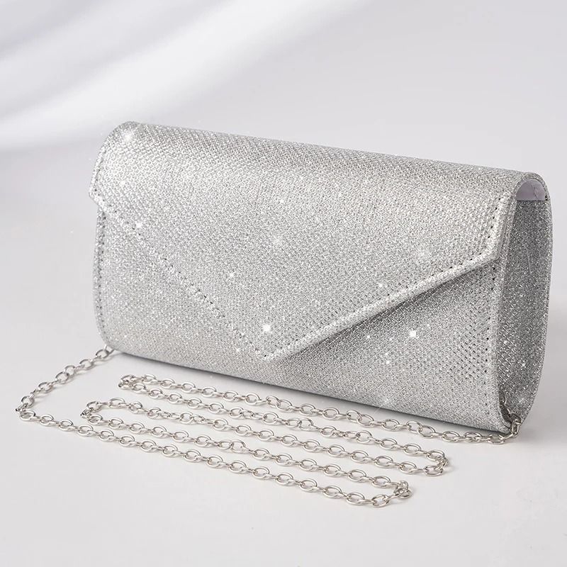 Elegant Silver Glitter Envelope Evening Bag Shiny Ladies Chain Shoulder Bag For Weddings Parties 0
