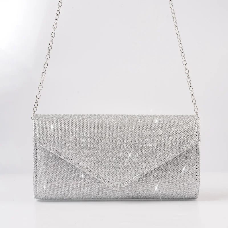 Elegant Silver Glitter Envelope Evening Bag Shiny Ladies Chain Shoulder Bag For Weddings Parties 4