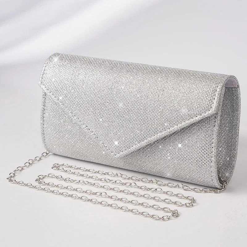 Elegant Silver Glitter Envelope Evening Bag Shiny Ladies Chain Shoulder Bag For Weddings Parties 6