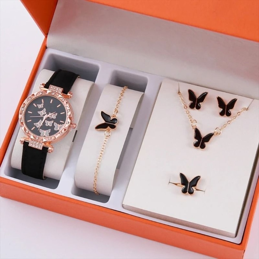 Butterfly Jewelry Set Fashion Womens Quartz Watch Leather Band Necklace Earrings Bracelet And Adjus 0