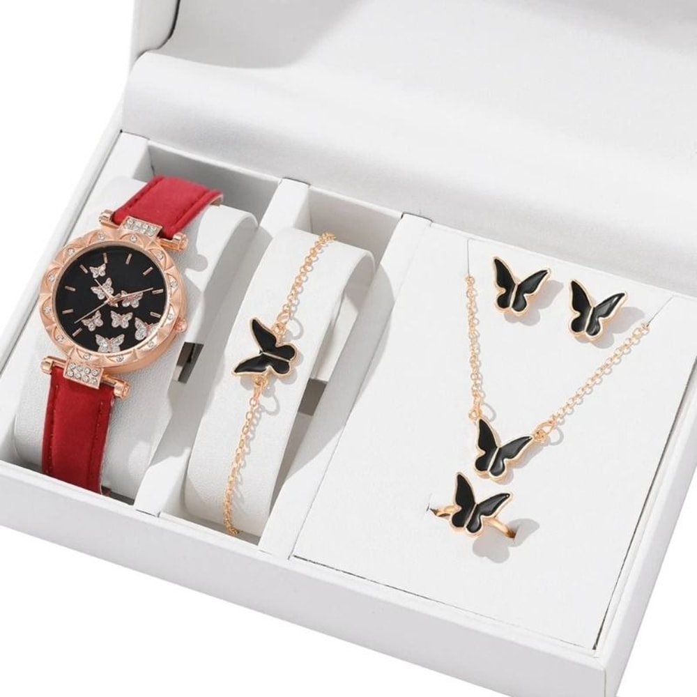 Butterfly Jewelry Set Fashion Womens Quartz Watch Leather Band Necklace Earrings Bracelet And Adjus 9