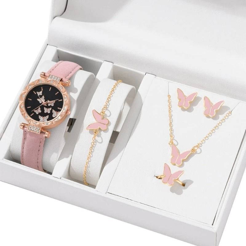 Butterfly Jewelry Set Fashion Womens Quartz Watch Leather Band Necklace Earrings Bracelet And Adjus 10